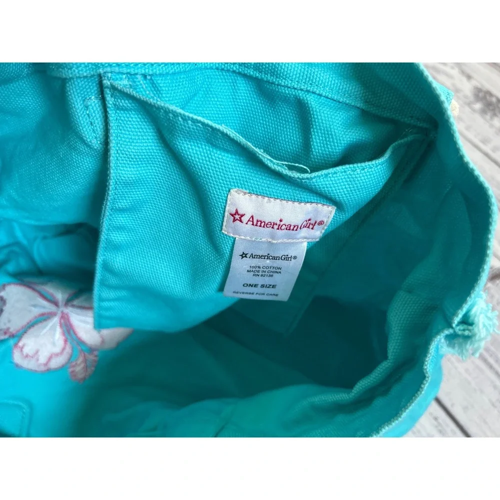 American Girl Tote Bag Kids Teal Hibiscus Flower Frayed Canvas Rope Handles
